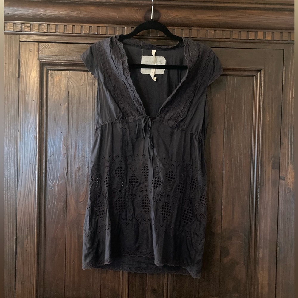 Johnny Was Lace Trim Dark Gray Tunic Top XS